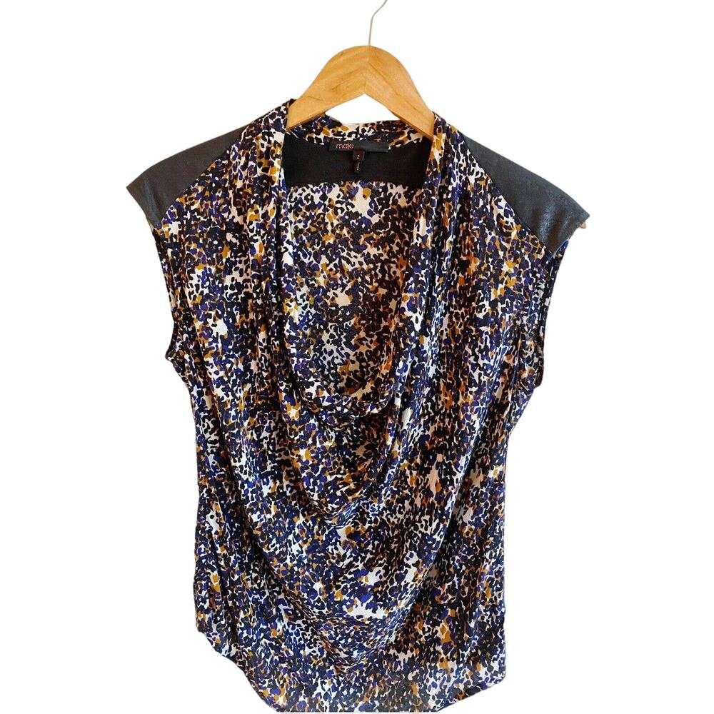 MAJE Blouse Cowl Neck Blouse Top Black Colorful Faux Suede Details Sleeveless 2